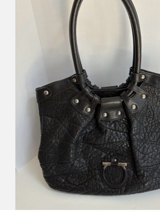 Salvatore Ferragamo Handbags - Salvatore Ferragamo Black Textured Leather Shoulder Tote with Ring Hardware